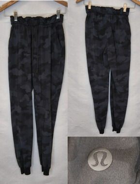 Lululemon Pant Jogger Women's 2 Black Camo Tie Waist Cinch Bottoms #W5652